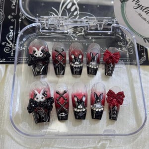 Handmade Gothic Bunny Press-On Nails | 3D Red & Black Lolita Nail Art with Bows Rhinestones