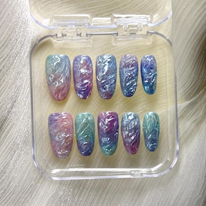 Cotton Candy Cloud Marble Press On Nails: Handmade Pastel Swirls