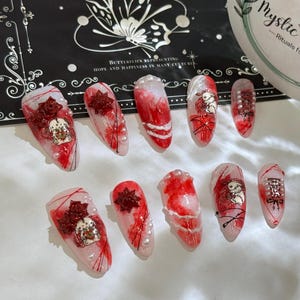 Gothic Lolita Red Rose Handmade Press-On Nails（Red Rose, Vintage Style, Pearl Embellished, Japanese Gothic, 3D Nail, Lolita Aesthetic）