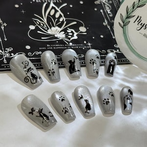 Silver Cat Paws Handmade Press-On Nails (Handmade, Cat Nail, Silver Glitter, Cute Animal, Japanese Nail Design, Paws Nail, Elegant)