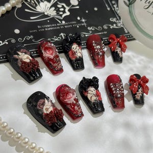 Gothic Lolita Red & Black Bunny Handmade Press-On Nails(Gothic Lolita, Red, Black, Bunny, Handmade, Press-On Nails)