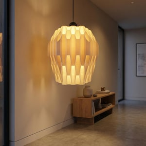 Modern plastic lamp with geometric design and warm diffused light for living and dining rooms - minimally elegant