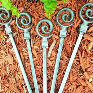 NEW ITEM...Five Beautiful Curled Spiral Finials Atop All Metal Hose Guides/Houseplant Stakes