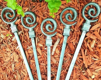 NEW ITEM...Five Beautiful Curled Spiral Finials Atop All Metal Hose Guides/Houseplant Stakes