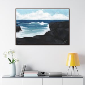 May include: A digital painting depicting a seascape with dark rocky cliffs and crashing waves. The sky is blue with white clouds.