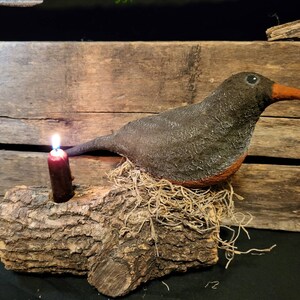 Primitive American Robin Bird Doll Sculpture on Log Nest with Grungy Candle Early Lighting