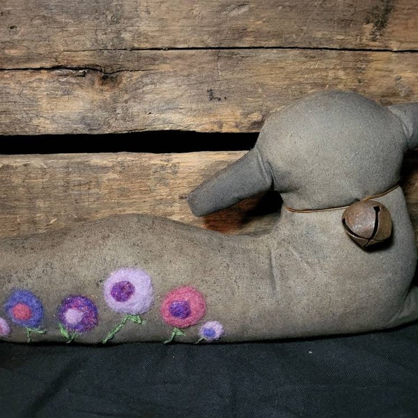 Primitive Easter Doll Lamb Sheep Doll with Folk Art Needle Felted Posies Flowers - Cupboard Tuck by Lisa's Attic Art Treasures