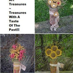 May include: Three rustic flower arrangements in jars with burlap and lace accents. The flowers are made of fabric and are in shades of yellow, red, and pink. The jars are sitting on wooden surfaces.