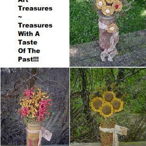 Primitive Flowers E Pattern Mums Sunflowers Yo-Yo Flowers - Primitive Folk Art Flowers and Quilt Vase Low & No-Sew Craft Pattern