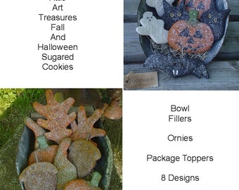 Aged Fall and Halloween Sugar Cookies, Primitive Bowl Fillers, Ornaments, Tucks, Cupboard Dolls - E Pattern