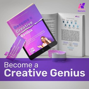 Może przedstawiać: Różowa i fioletowa książka zatytułowana "Become a Creative Genius" z oderwaną stroną, która ukazuje tablet z uśmiechniętą kobietą trzymającą długopis. Książka zawiera zeszyt ćwiczeń, praktyczne lekcje i listy kontrolne. Tekst "Become a Creative Genius" jest również wyświetlany na fioletowym tle.