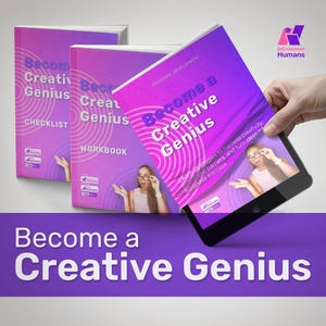 Op de afbeelding: Afbeelding van een boek en een tablet met de titel "Become a Creative Genius" in wit en roze. Het boek is een werkboek en een checklist. De tablet wordt door een hand vastgehouden. Het logo van InCommon Humans staat rechtsboven.
