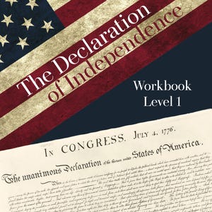 May include: A workbook titled "The Declaration of Independence" with a Level 1 designation. The cover features a distressed American flag design and the text "The Declaration of Independence." The document includes the text "Exploring the 'Why' Behind America's Revolution."