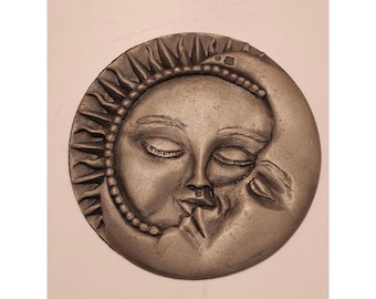 A. E. Williams Sun Moon Celestial Pewter  Plaque Roundel 3.5 Inch Silver Weight