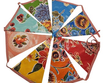 Oilcloth Bunting - MCM Floral Garden - 6ft Double Sided Handmade Red Plaid