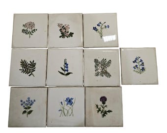 Vintage Old Spouter Nantucket Hand Painted Botanical Ceramic Tiles Set of 10