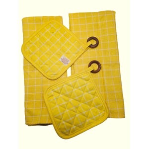 May include: A yellow kitchen set featuring two pot holders and two matching towels. The pot holders have a quilted design and the towels have a grid pattern. The pot holders have brown wooden ring handles.