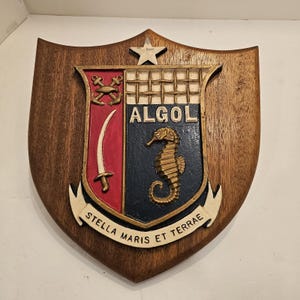 Vintage USN Ship Algol Cast Aluminum Painted Plaque AKR-287 Stella Maris Navy