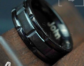 Black Titanium Steel Ring for Men: Brushed Geometric Band, Custom Engraved