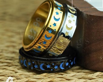 Bague Anti-stress étoile Et Lune Argentée En Acier Inoxydable, Taille Ajustable, Forme Cuillère - Neuf Avec étiquettes