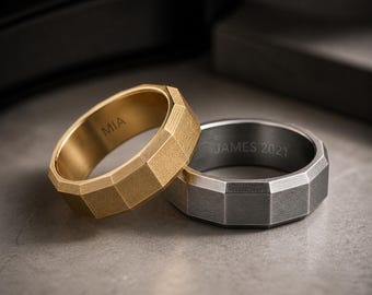Custom Titanium Steel Ring for Men – Personalized Faceted Band, Engraved Wedding Ring, Minimalist Geometric Jewelry Gift