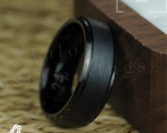 Personalized Black Tungsten Wedding Band: Brushed Center Bevel Edge Ring