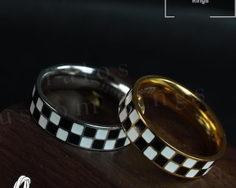 Checkerboard Enamel Ring: Stainless Steel Racing Band, Personalized Option