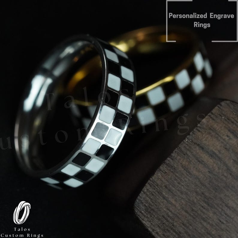 Checkerboard Enamel Ring: Stainless Steel Racing Band, Personalized ...