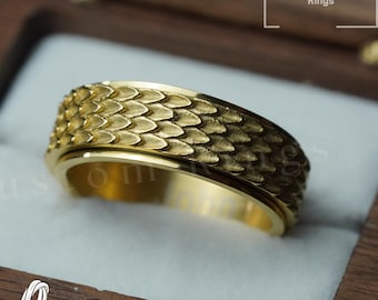 Gold Dragon Scale Spinner Ring: Stainless Steel Fidget Band