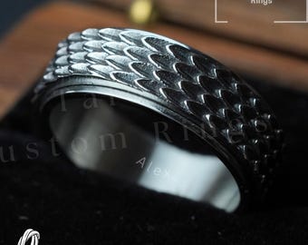 Silver Dragon Scale Spinner Ring: Stainless Steel Fidget Band