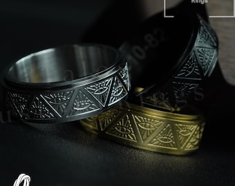 May include: Two stainless steel rings with an all-seeing eye design. The rings are black and gold in color. The text "Personalized Engrave Rings" is visible in the top right corner of the image.