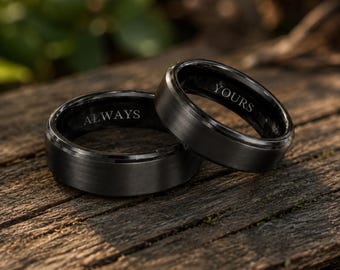 Black Tungsten Ring for Men – Matte Black Wedding Band, Engraved Promise Ring, Minimalist Anniversary Gift