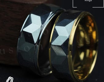 Faceted Black Tungsten Ring with Gold Edge - Geometric Wedding Band, Personalized Engraving