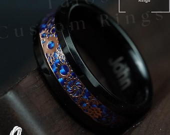 Steampunk Gear Tungsten Ring: Blue Inlay, Engineer Gift