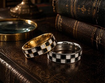 Black and White Checkerboard Ring – Personalized Engraved Band, Gold Silver Chess Pattern Ring, Gift for Him Her