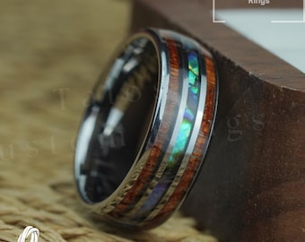 Tungsten Wedding Band: Koa Wood & Abalone Inlay, Rustic Ring
