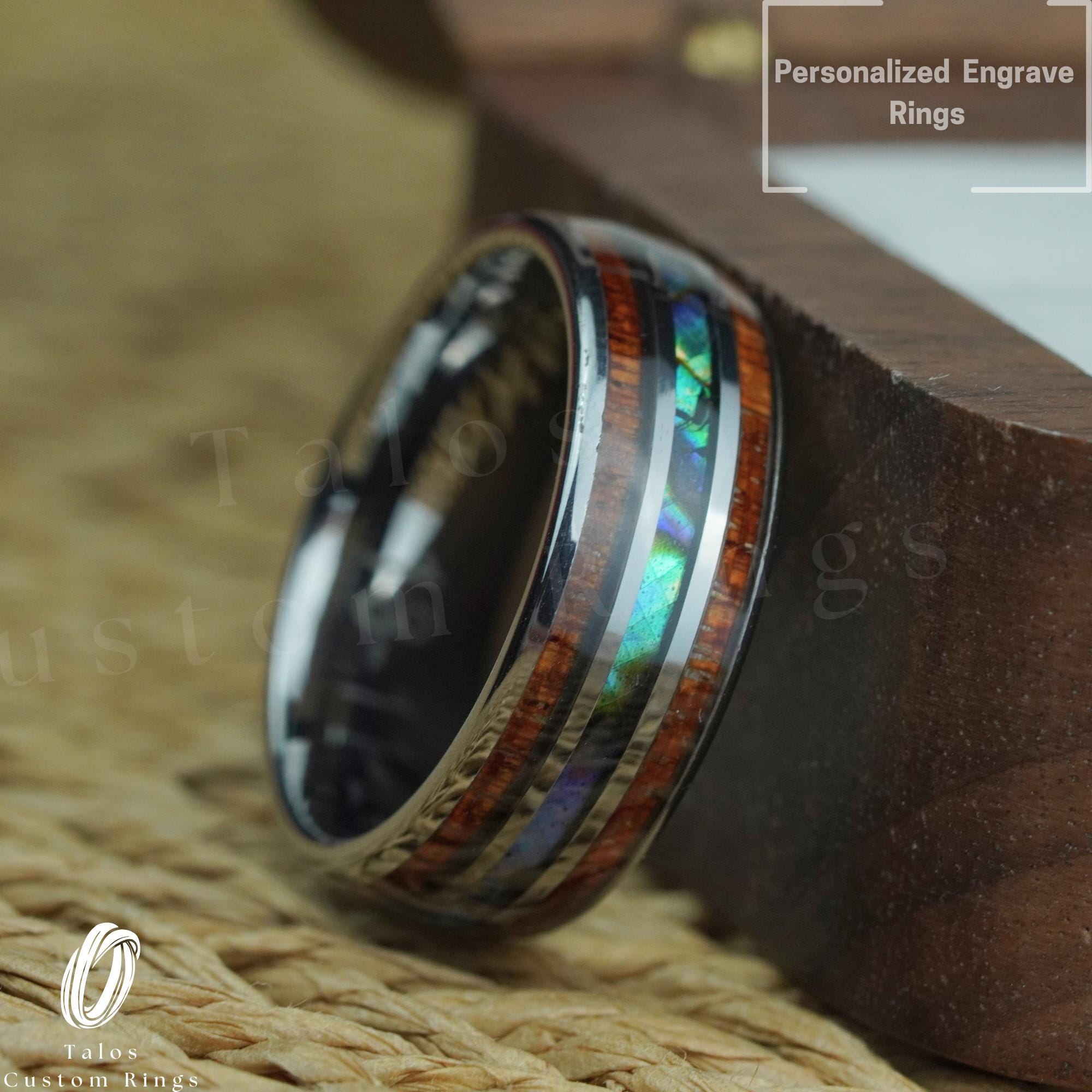 Tungsten Wedding Band: Koa Wood & Abalone Inlay, Rustic Ring