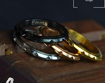 Rhombus Spinner Ring: 3mm Thin Stainless Steel Fidget Band, Custom Engraved