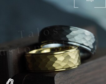 Hammered Tungsten Ring: Unisex Wedding Band, Gold or Silver, Comfort Fit