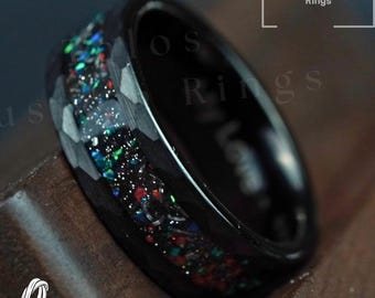 Hammered Black Tungsten Ring: Crushed Opal Inlay, Cosmic Wedding Band