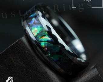 Black Tungsten Abalone Shell Ring: Faceted Men's Wedding Band