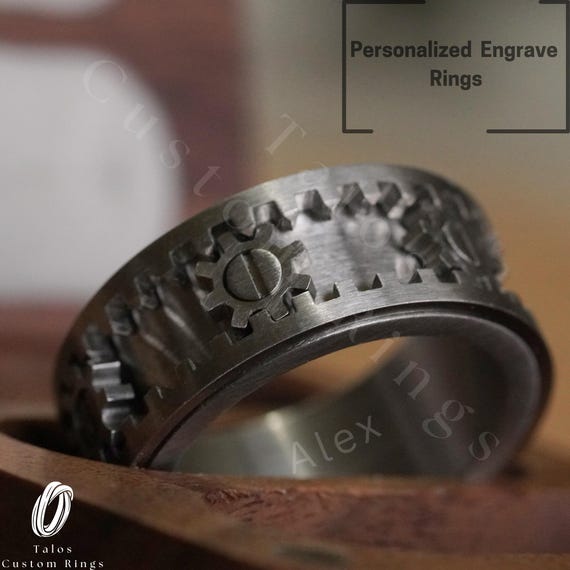 Personalized Silver Gear Spinner Ring: Engineer Fidget Ring