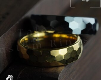 Faceted Tungsten Ring: Gold or Silver Geometric Wedding Band