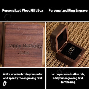 May include: A wooden ring box with a dark brown finish. The box is open and a ring is inside. The box has an engraved message that says "Happy Birthday John".