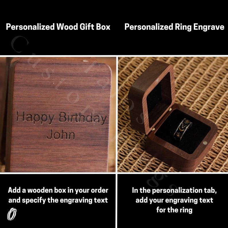 May include: A wooden ring box with a dark brown finish. The box is open and a ring is inside. The box has an engraved message that says "Happy Birthday John".