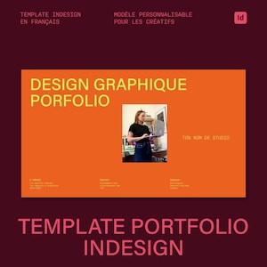 Può includere: Un modello di portfolio di graphic design arancione e giallo per InDesign. Il modello presenta una donna che lavora su un laptop e il testo "DESIGN GRAPHIQUE PORFOLIO" in giallo.