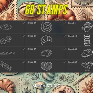 Cartoon Bread Procreate Stamp Set – 68 Unique Bakery-Inspired Stamps for Digital Art