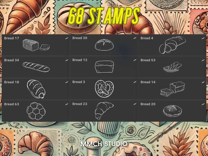 Cartoon Bread Procreate Stamp Set – 68 Unique Bakery-Inspired Stamps for Digital Art