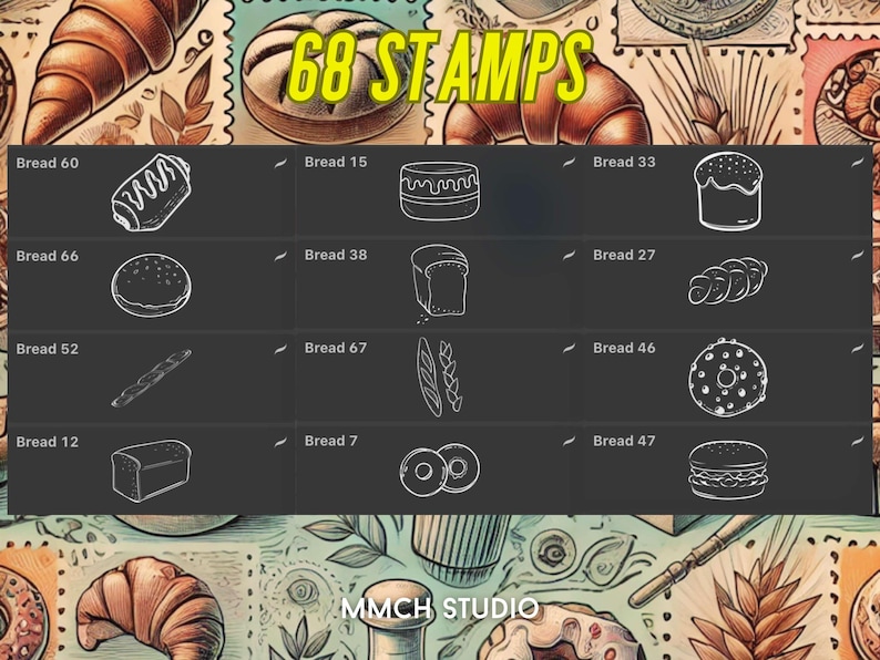Cartoon Bread Procreate Stamp Set – 68 Unique Bakery-Inspired Stamps for Digital Art