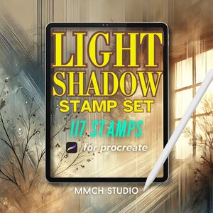 May include: A digital illustration of a tablet screen displaying a set of 117 light and shadow stamps for Procreate. The text on the screen reads "Light Shadow Stamp Set 117 Stamps for Procreate MMCH STUDIO".